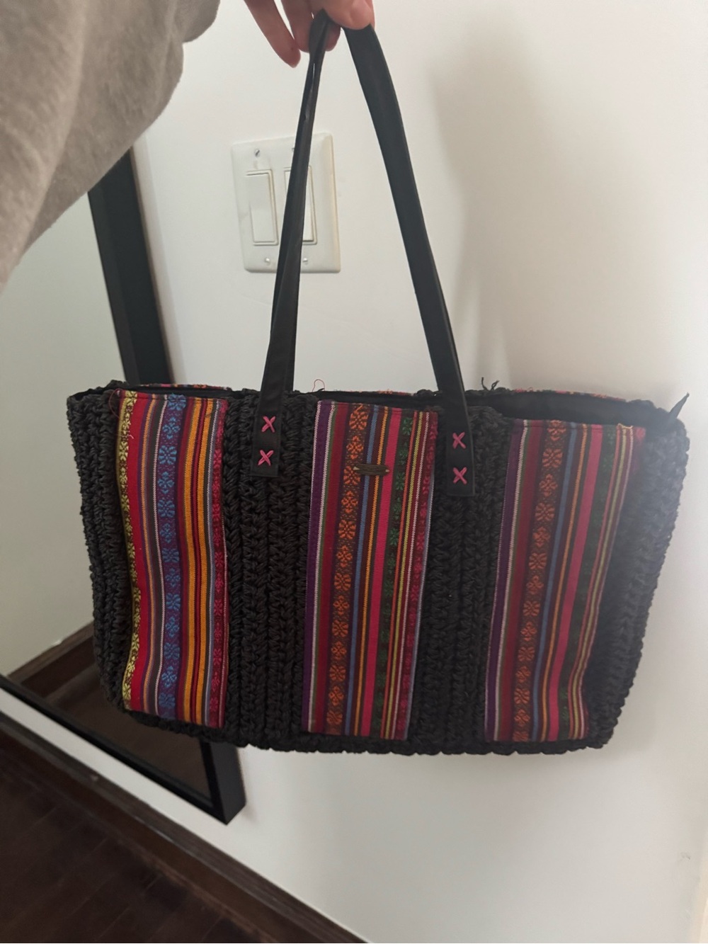 Sun n sand rafia Boho Black Woven Tote with Colorful Stripes